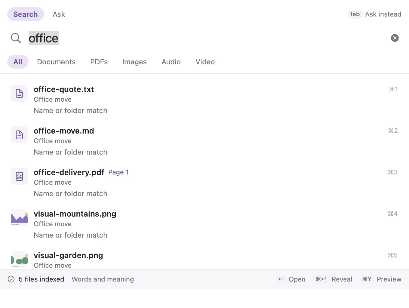 The Search or ask bar with results from synthetic files.