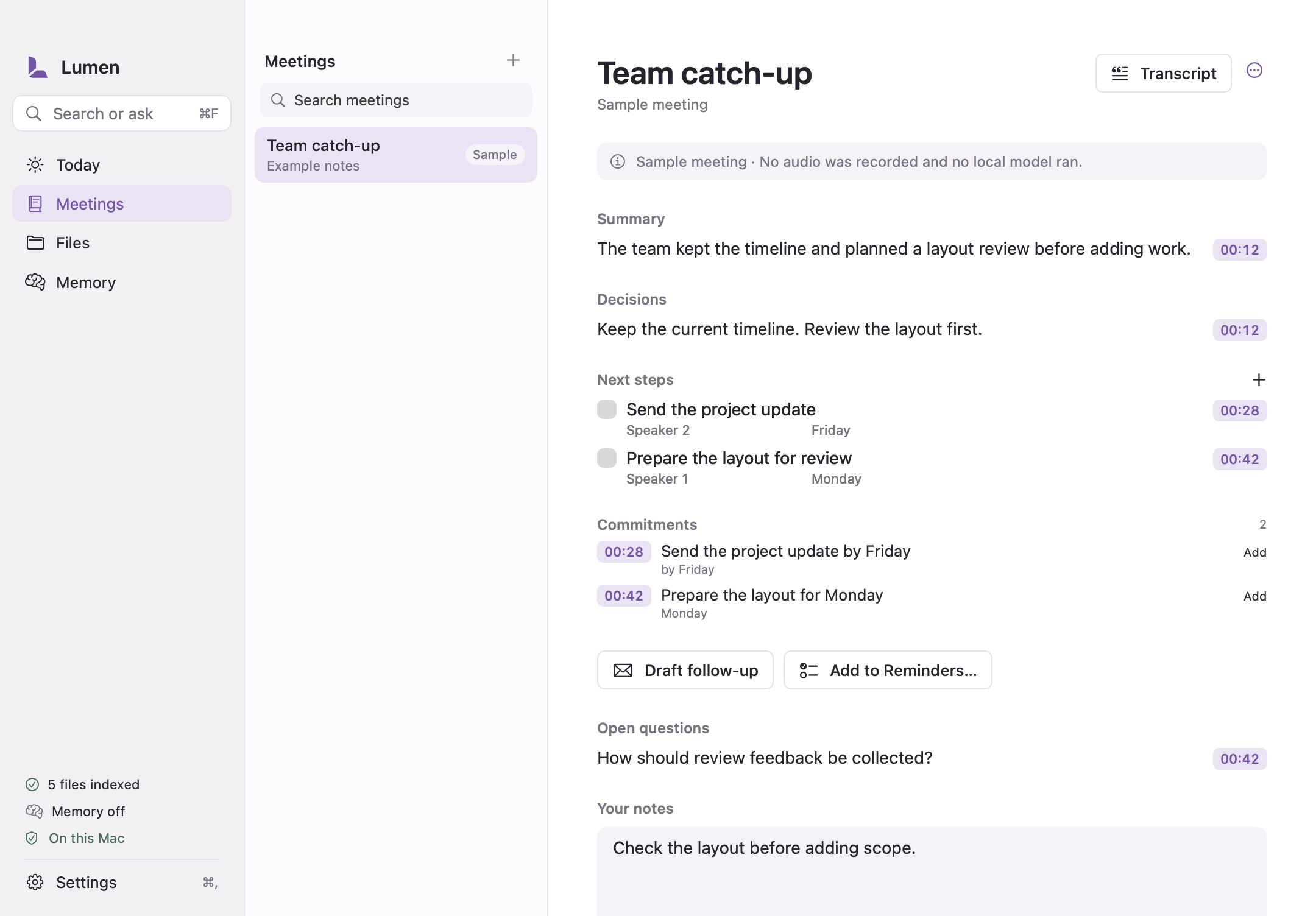 The built-in sample meeting, labeled Sample, with notes linked to transcript times.