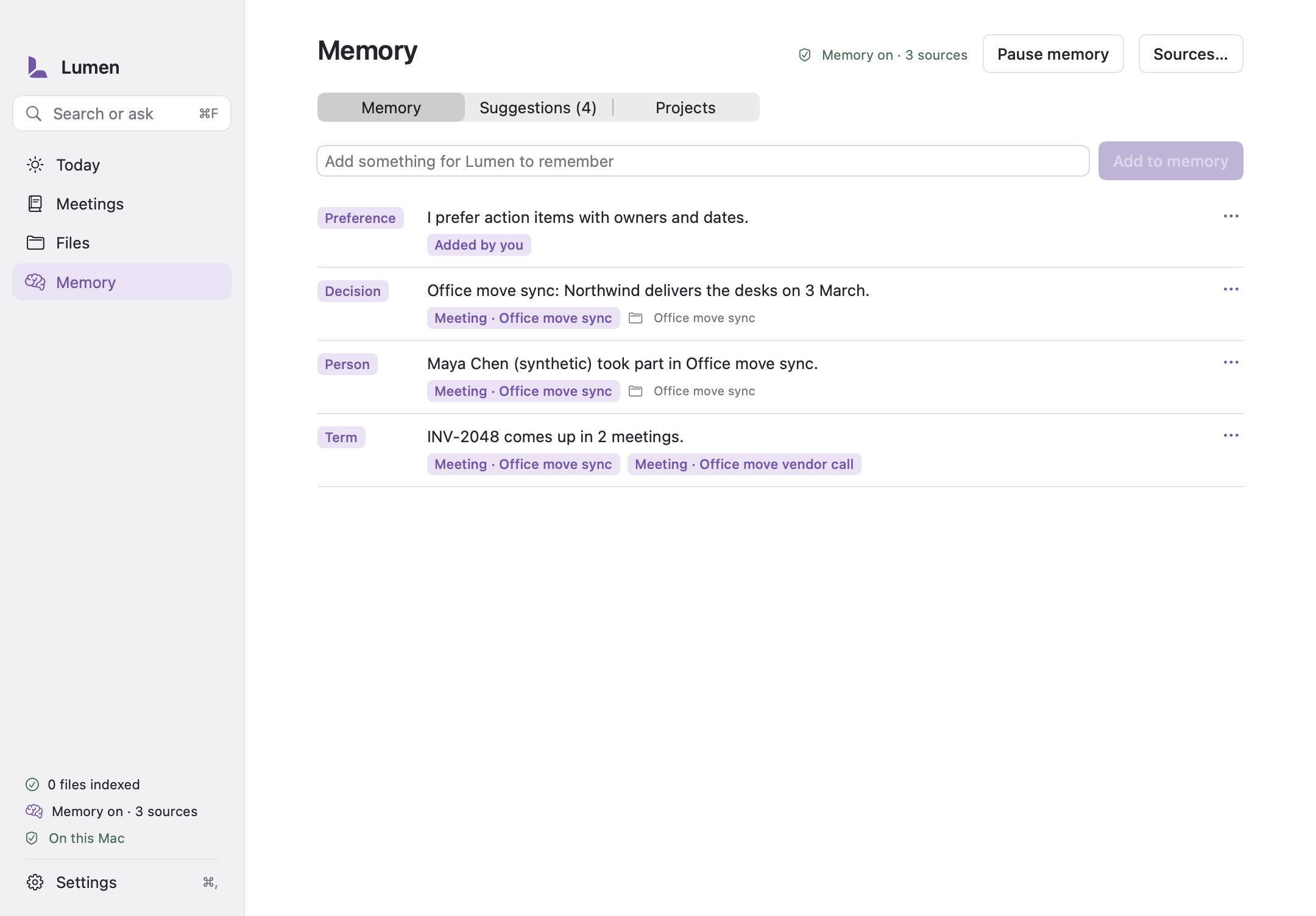 The Memory page listing accepted memories with their sources. Synthetic data.