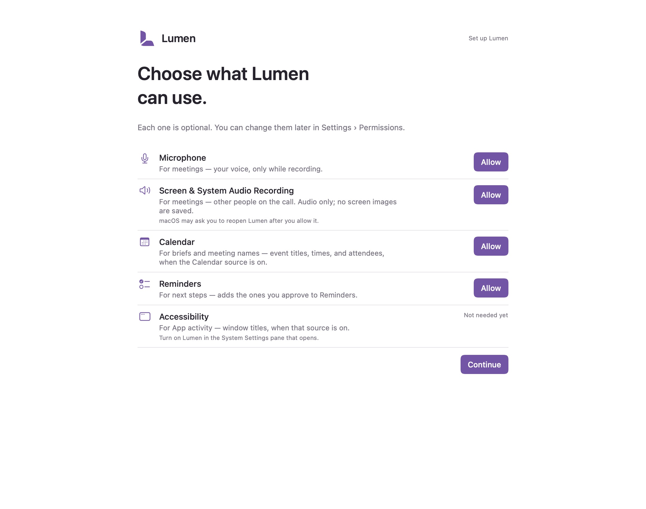 The Permissions step, listing each permission with a one-line reason and its own Allow button.