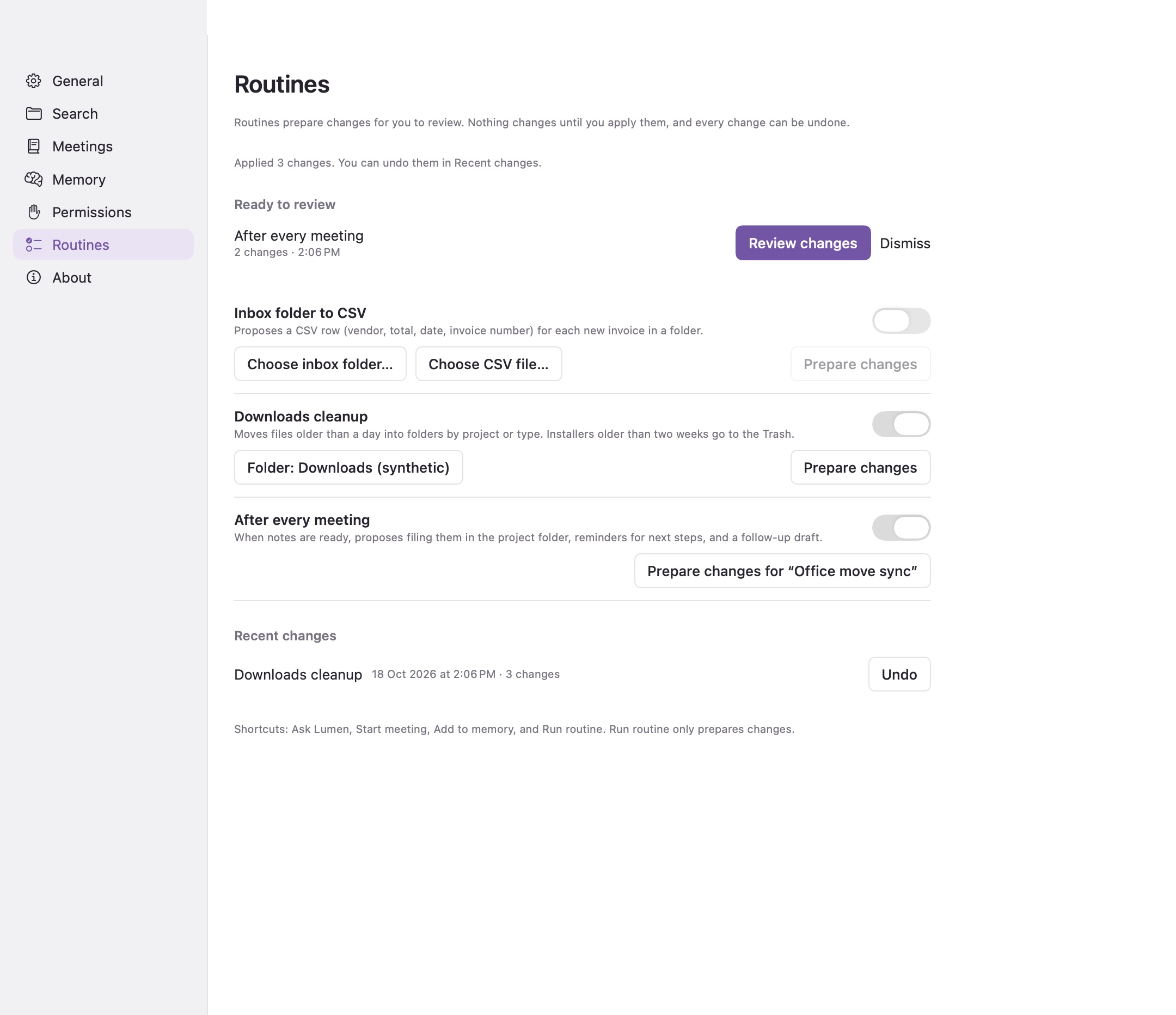 Routines in Settings: a plan ready to review, Inbox folder to CSV, Downloads cleanup, After every meeting, and recent changes with Undo. Synthetic folders.