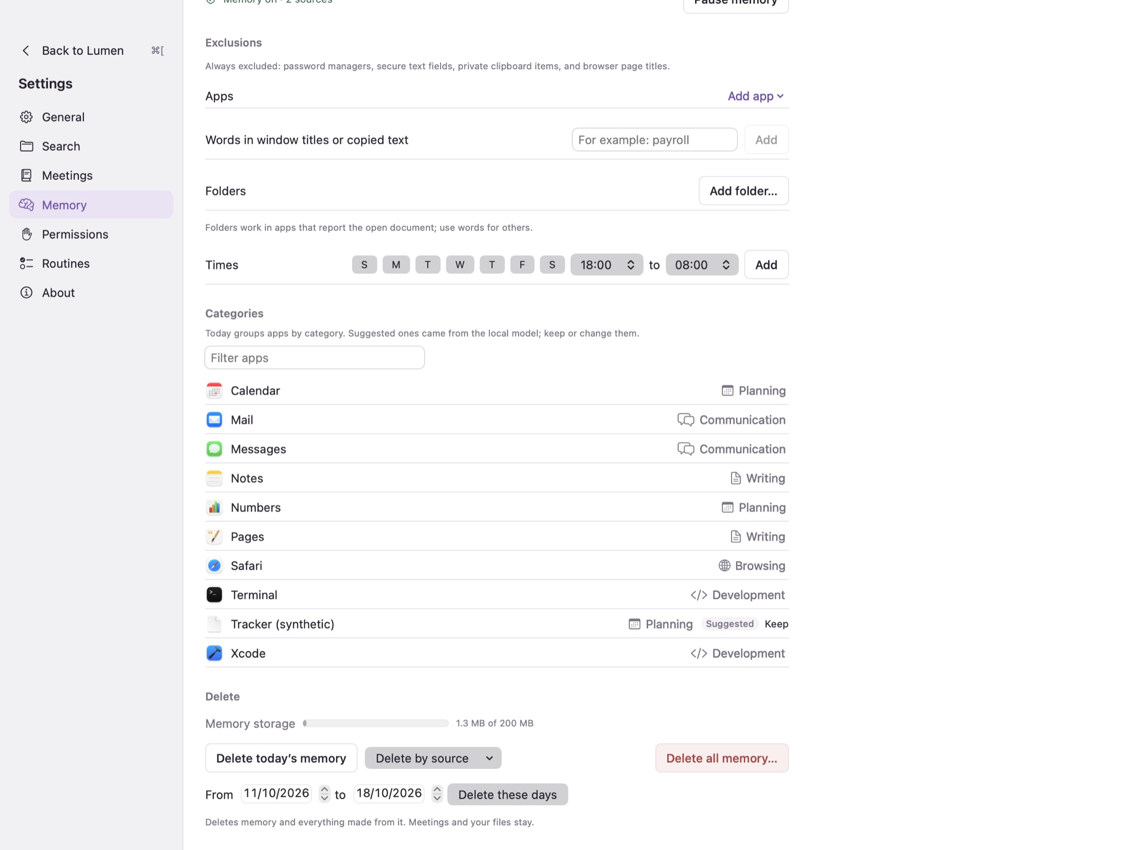 Settings shown inside the main window, with Back to Lumen at the top of the sidebar.